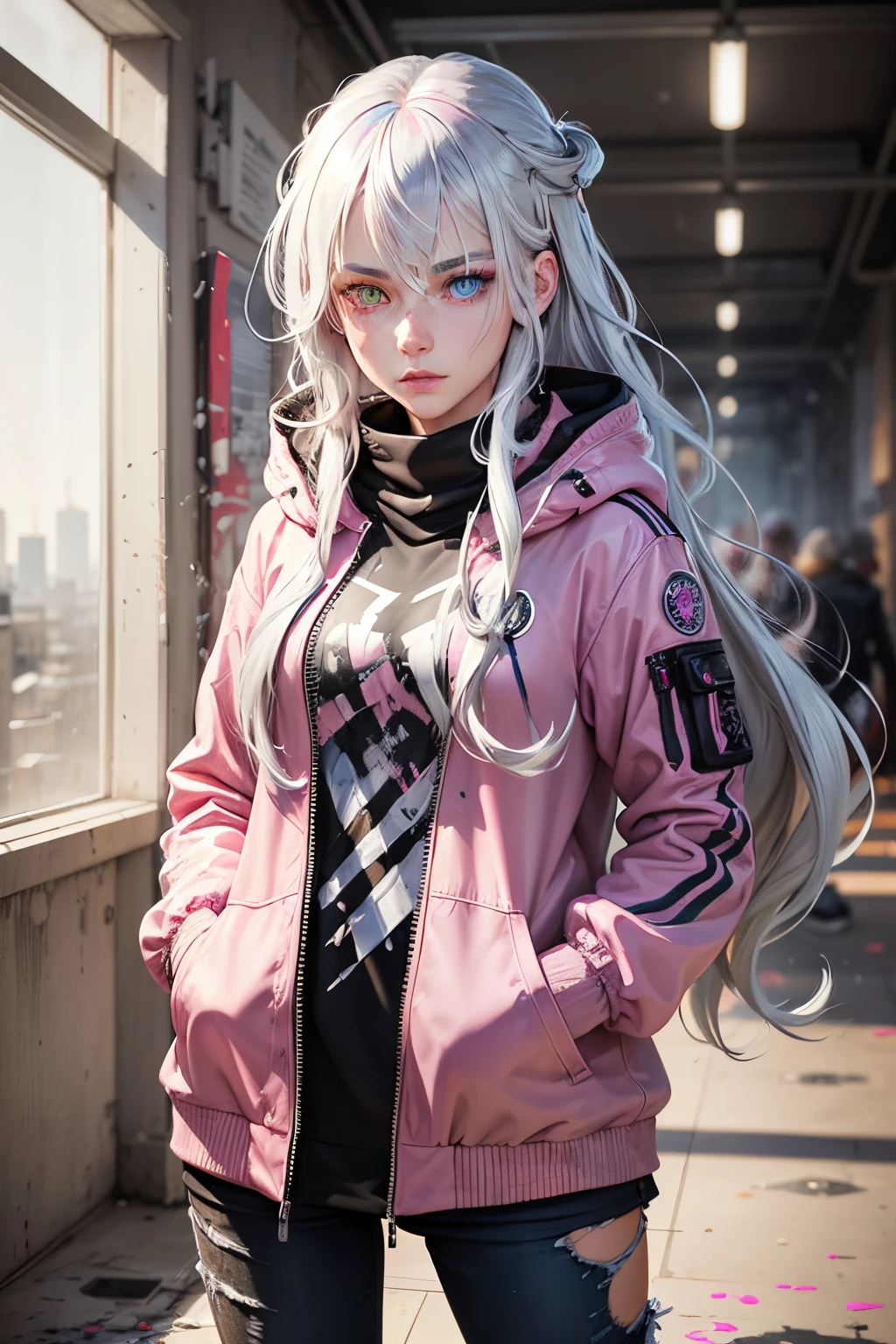 1girl, silver hair, long hair, blue eyes, pink eyes, (heterochromia:1.3), bright pupils, detailed eyes, expressive eyes, jacket, hands in pockets, art, creativity, paint, splatter, inspiration, disorder, organized chaos, colors, best quality ultra detailed, realistic