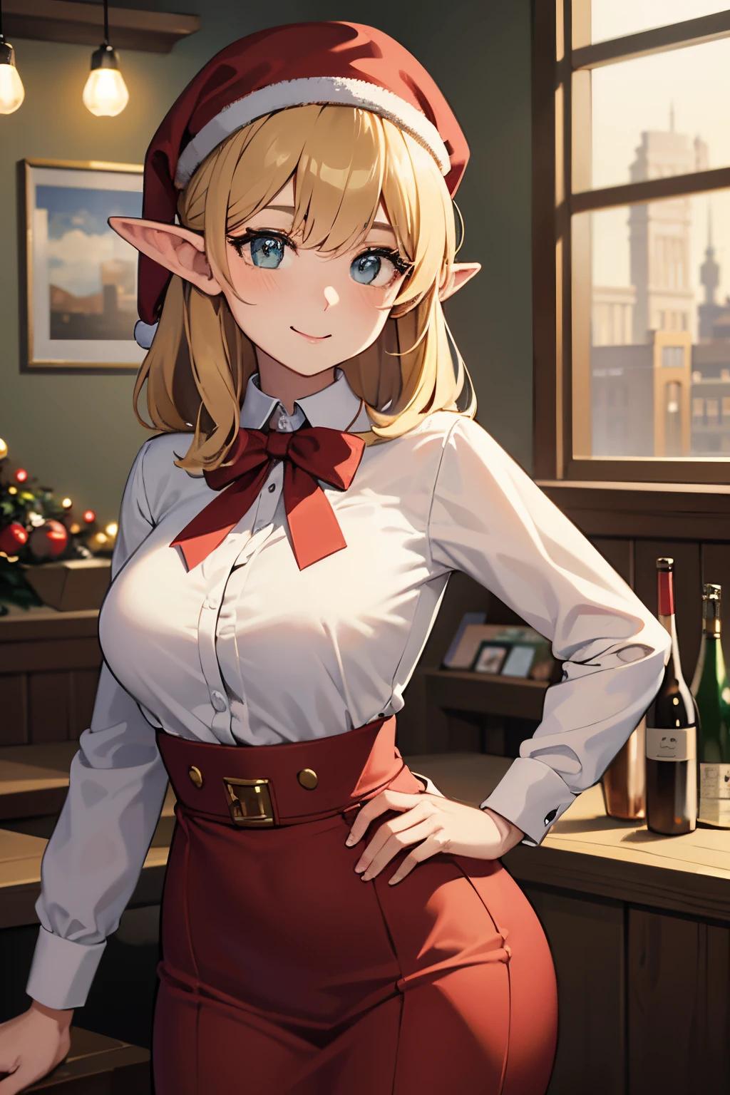 Beautiful Detective Sprinkletoes, of the Christmas Town Police Department, is investigating an armed robbery at Elf-bucks. She has big perfect breasts, a cute smile, and soft hazel eyes. In this high-quality, ultra-detailed prompt, we are creating a scene that combines the magic of Christmas and the thrill of detective work. The artwork will be beautifully crafted, resembling a sophisticated illustration with vivid colors and sharp focus.

The main focus of the image is Detective Sprinkletoes herself. She is depicted in a confident pose, with one hand resting on her hip and the other holding her badge. Her eyes, detailed and sparkling, are the window to her determination as she carefully examines the surroundings. Her smile adds a touch of charm and warmth to the scene.

The setting takes place at Elf-bucks, a bustling coffee shop in Christmas Town. The interior is adorned with festive decorations, such as twinkling lights and garlands, creating a cozy and cheerful atmosphere. We can see elves and other residents of Christmas Town going about their business, sipping hot drinks and chatting animatedly. The counter of Elf-bucks displays an array of delicious holiday treats, tempting both the customers and Detective Sprinkletoes, who is never too busy to enjoy a well-deserved cup of cocoa.

Additional details enhance the narrative of the armed robbery investigation. Detective Sprinkletoes is meticulously collecting evidence, carefully examining the crime scene for any clues left behind by the cunning thief. In the background, we can see other officers busy with their own tasks, solving various crimes that have taken place in Christmas Town. Their dedication and teamwork serve as a testament to the effectiveness of the Christmas Town Police Department.

The overall color palette of the image showcases the festive spirit of Christmas, with rich warm tones dominating the scene. The lighting is soft and diffused, casting gentle shadows that add depth to the characters and surroundings. It evokes a sense of cozy mystery, reminiscent of a classic Christmas movie.

This prompt captures the essence of the beautiful Detective Sprinkletoes in her quest to bring justice to Christmas Town. With its blend of artistry, storytelling, and attention to detail, this masterpiece is sure to delight both fans of detective stories and the magic of the holiday season.