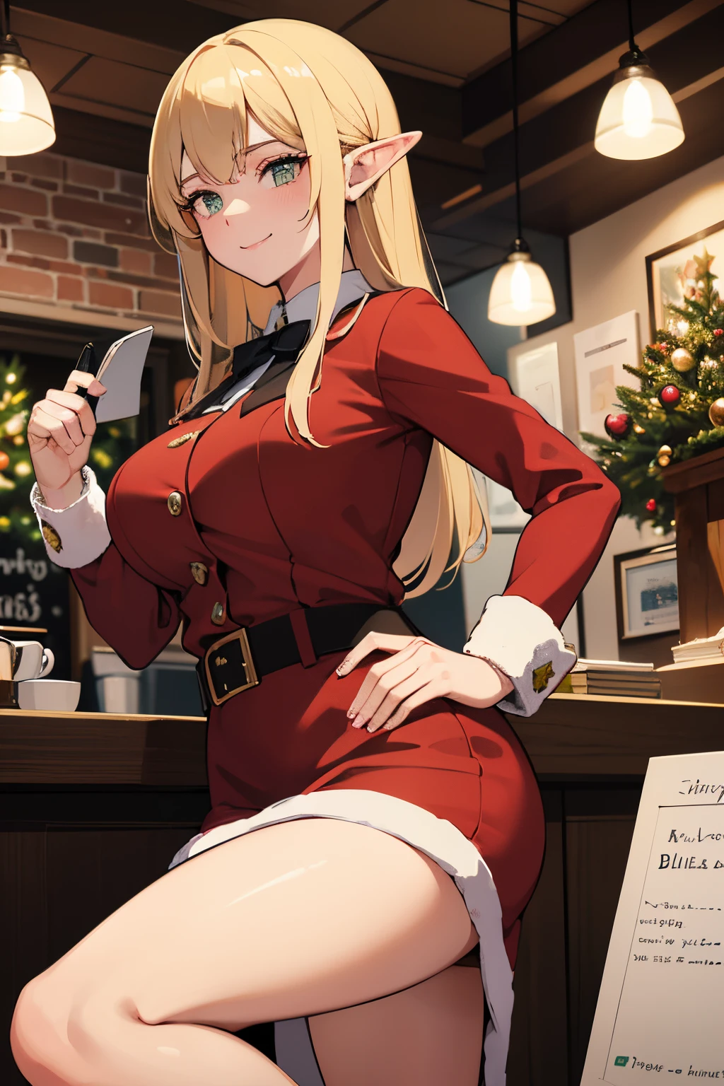 Beautiful Detective Sprinkletoes, of the Christmas Town Police Department, is investigating an armed robbery at Elf-bucks. She has big perfect breasts, a cute smile, and soft hazel eyes. In this high-quality, ultra-detailed prompt, we are creating a scene that combines the magic of Christmas and the thrill of detective work. The artwork will be beautifully crafted, resembling a sophisticated illustration with vivid colors and sharp focus.

The main focus of the image is Detective Sprinkletoes herself. She is depicted in a confident pose, with one hand resting on her hip and the other holding her badge. Her eyes, detailed and sparkling, are the window to her determination as she carefully examines the surroundings. Her smile adds a touch of charm and warmth to the scene.

The setting takes place at Elf-bucks, a bustling coffee shop in Christmas Town. The interior is adorned with festive decorations, such as twinkling lights and garlands, creating a cozy and cheerful atmosphere. We can see elves and other residents of Christmas Town going about their business, sipping hot drinks and chatting animatedly. The counter of Elf-bucks displays an array of delicious holiday treats, tempting both the customers and Detective Sprinkletoes, who is never too busy to enjoy a well-deserved cup of cocoa.

Additional details enhance the narrative of the armed robbery investigation. Detective Sprinkletoes is meticulously collecting evidence, carefully examining the crime scene for any clues left behind by the cunning thief. In the background, we can see other officers busy with their own tasks, solving various crimes that have taken place in Christmas Town. Their dedication and teamwork serve as a testament to the effectiveness of the Christmas Town Police Department.

The overall color palette of the image showcases the festive spirit of Christmas, with rich warm tones dominating the scene. The lighting is soft and diffused, casting gentle shadows that add depth to the characters and surroundings. It evokes a sense of cozy mystery, reminiscent of a classic Christmas movie.

This prompt captures the essence of the beautiful Detective Sprinkletoes in her quest to bring justice to Christmas Town. With its blend of artistry, storytelling, and attention to detail, this masterpiece is sure to delight both fans of detective stories and the magic of the holiday season.