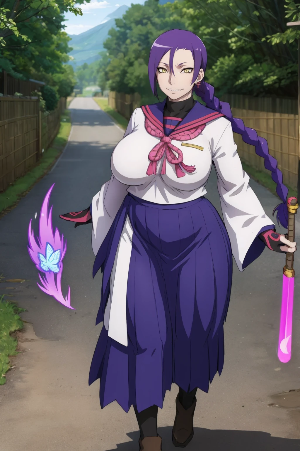 1girl, solo, looking at viewer, cowboy shot, hand arms full body,boots, standing,cute,breast, curvy, female,fantasy goddess,there is a cartoon picture of a woman with a very large breast, glowing divine being, glowing holy aura, inspired by Luma Rouge, the non-binary deity of spring, ethereal rainbow nimbus, the butterfly goddess of fire, inspired by Mariel, glowing aura around her, astral wind, as the goddess of the saturn, “uwu the prismatic person, big breast, serious, beautiful eyes, , full body, walking, long robe, long dress, ,priestess ,holy, smile, god rays, ray tracing, sparkle, cinematic lighting, UHD, retina, masterpiece, ccurate, anatomically correct, textured skin, super detail, high details, high quality, award winning, best quality, highres, 1080P, HD, 4K, thunder aura, light aura,full, snak staff,closed mouth,#anime #character #re:creators #magane chikujoin Trigger Words: chikujoin magane sharp teeth single braid school uniform serafuku pleated skirt thighhighs gloves earrings Version No.:, long skirt, sharpteeth smile
