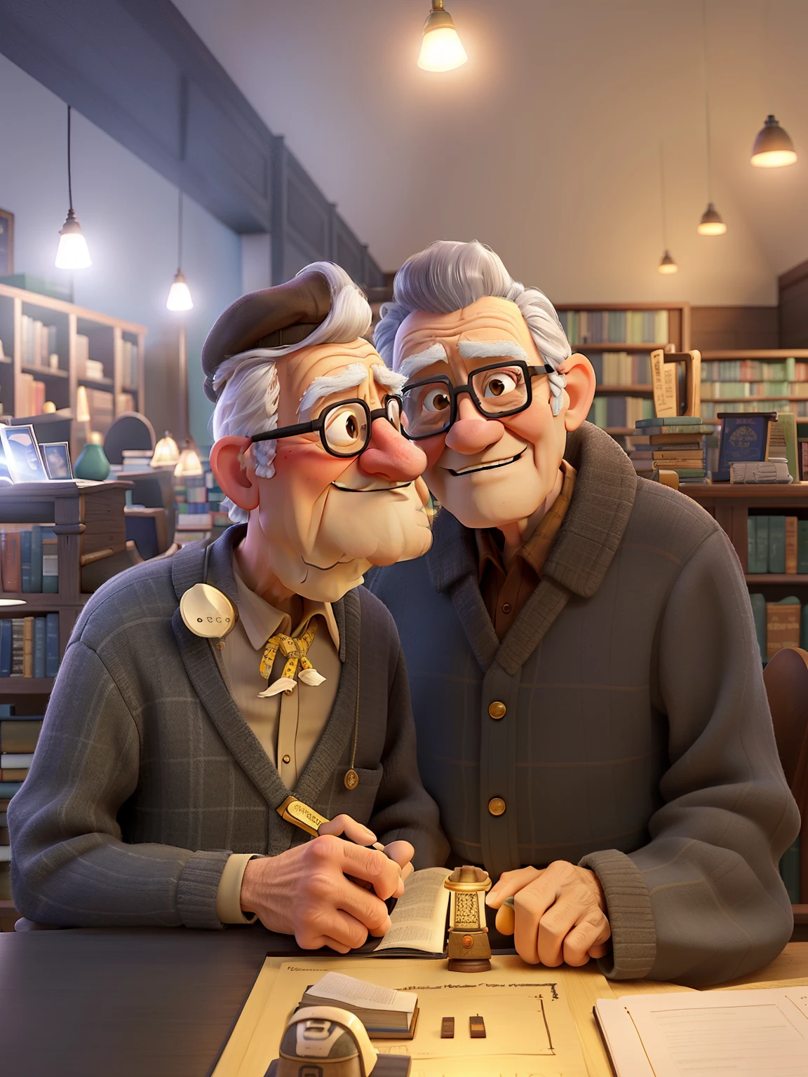 A wise old man standing in front, illuminated by the light of a lamp, against the backdrop of a library
