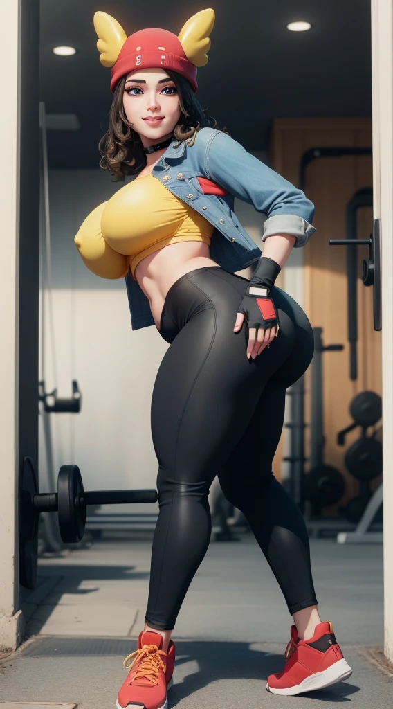 (8k, best quality, masterpiece:1.2), (realistic, photo-realistic:1.37), ultra-detailed, 1 girl,cute, solo, ,beautiful detailed blue eyes, medium wavy hair, working out in a gym, smiling, looking at viewer, ,light brown hair, black lips, black lipstick, full body view, , whole body shot, red hat, , , nsfw, choker, yellow shirt, denim jacket, dark long leggings, black fingerless gloves, red sneakers, big breasts, big ass, wide hips