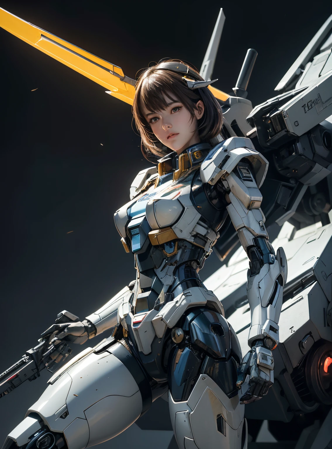 Textured skin, Super Detail, high details, High quality, Best Quality, hight resolution, 1080p, hard disk, Beautiful,(Gundam),beautiful cyborg woman,Mecha Cyborg Girl,Battle Mode,Girl with a Mecha Body,She wears a futuristic Gundam mecha,Fulll body Shot