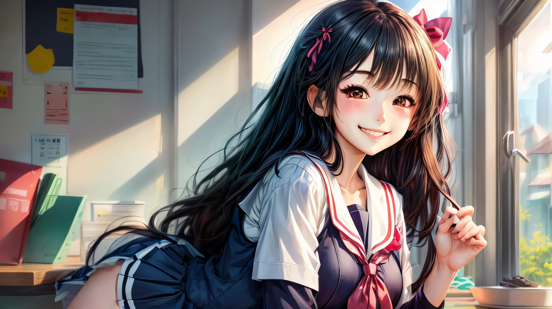 Light Novel Illustration、Schoolgirl in sailor suit、Long black hair、a smile、The background is home