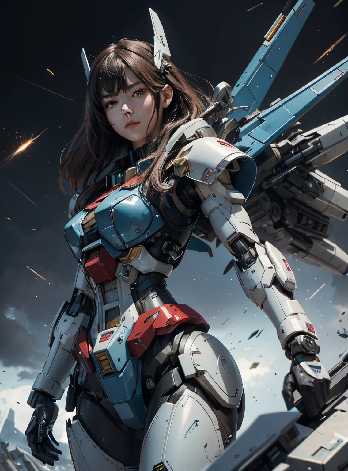 Textured skin, Super Detail, high details, High quality, Best Quality, hight resolution, 1080p, hard disk, Beautiful,(Gundam),beautiful cyborg woman,Mecha Cyborg Girl,Battle Mode,Girl with a Mecha Body,She wears a futuristic Gundam mecha,Fulll body Shot