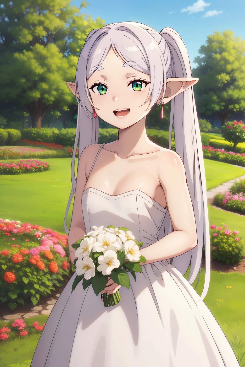 masterpiece, best quality, highres, aarurutie,1girl, wedding dress, white dress, standing, garden, smile, open mouth, solo,elf, white hair, grey hair,collarbone,ngs,pointy ears,long hair,ponytail,green eyes,twintails,parted bangs,thick eyebrows,nsfw,small breasts