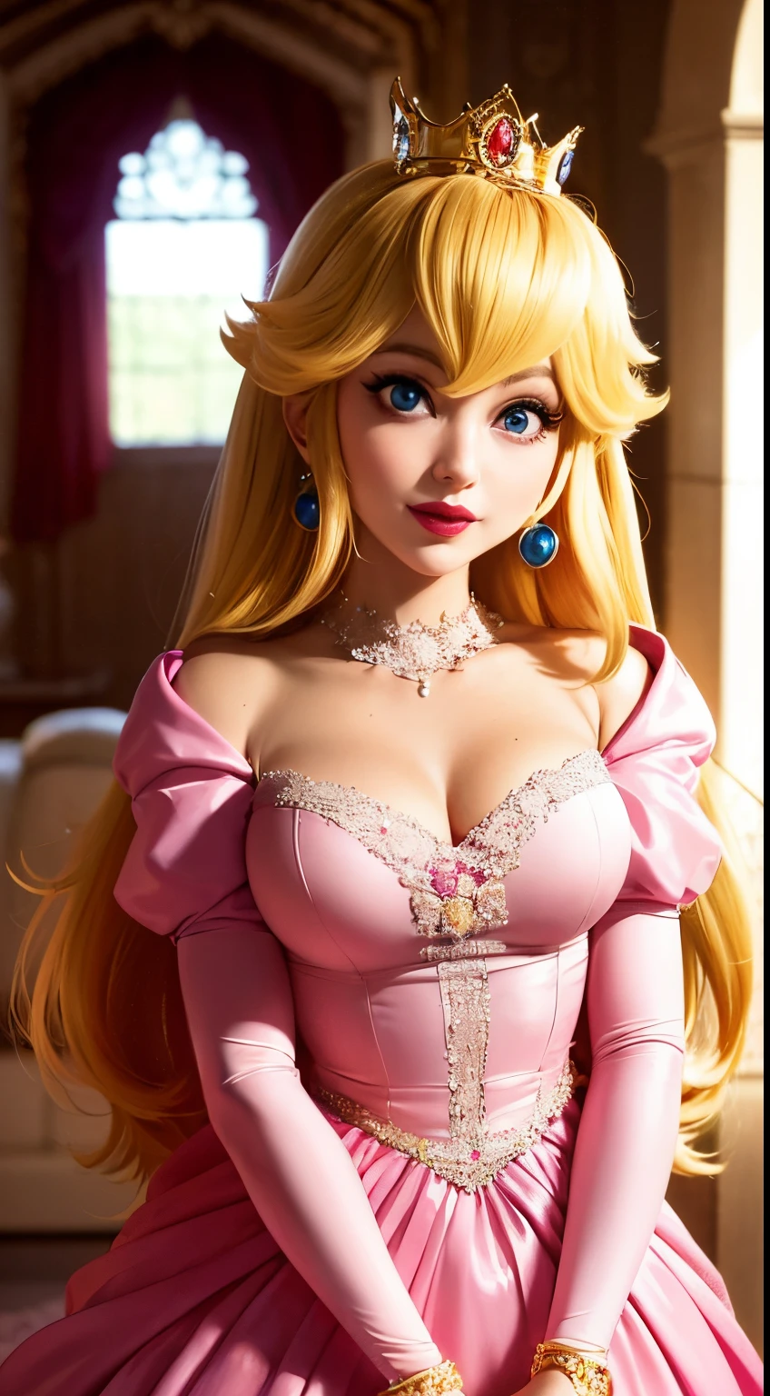 (Inside a castle setting,) A ***ite Princess Peach wearing a beautiful hot pink dress, she is gentleand compassionate and is shown smiling gently, she wears a golden crown atop her blond hair and white gloves. She is a tall, extremely beautiful young princess with a fair skin complexion, light blue eyes, dark yellow eyebrows, and a small nose. She has six long eyelashes on each eye as well as dark eyeliner. Her lips are round with pink lipstick. With a focus on her alluring chest, she is depicted in a close-up shot from below. She is smiling in a full body shot