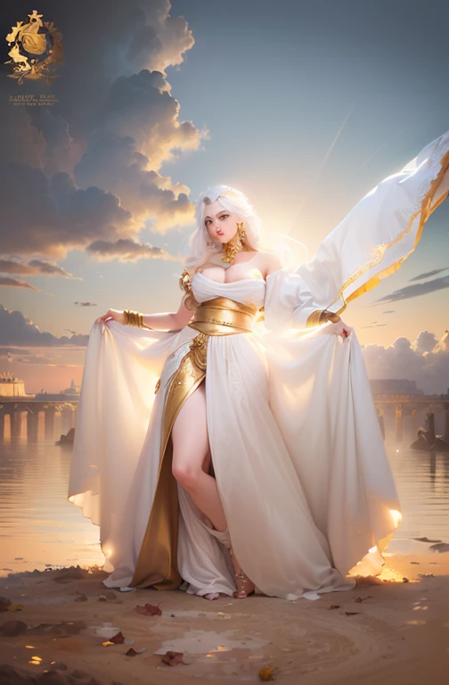 (masterpiece), (best quailty), (best illustration), long white hair, golden eyes, white greek clothes, bare shoulders, large breasts, divine, (from below, low angle), arms up, tall figure, cowboy shot