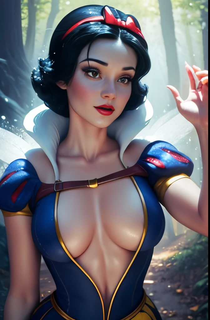 one woman, short black hair, snow white, blue dress with yellow,  in a forest, sexy pose, sexy body, well defined body, detailed body, high quality, masterpiece, 4k, red headband, snow white from fairy tales, Brown eyes