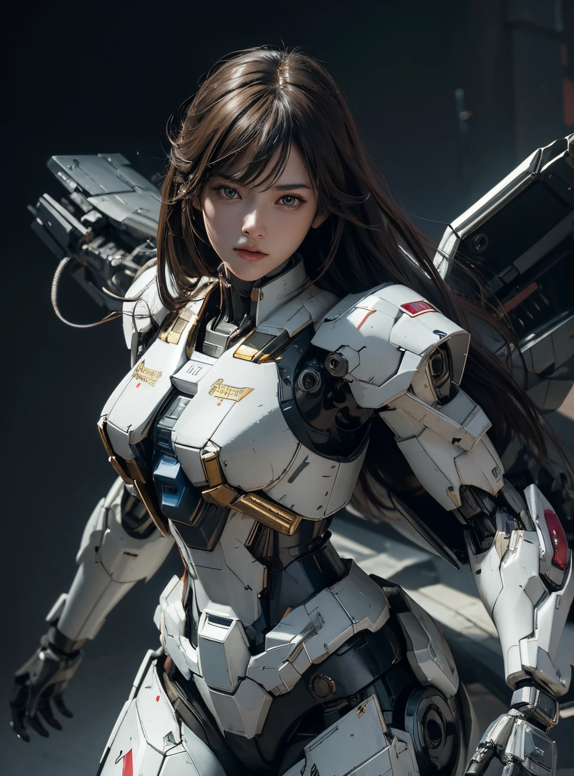Textured skin, Super Detail, high details, High quality, Best Quality, hight resolution, 1080p, hard disk, Beautiful,(Gundam),beautiful cyborg woman,Mecha Cyborg Girl,Battle Mode,Girl with a Mecha Body,She wears a futuristic Gundam mecha,Fulll body Shot