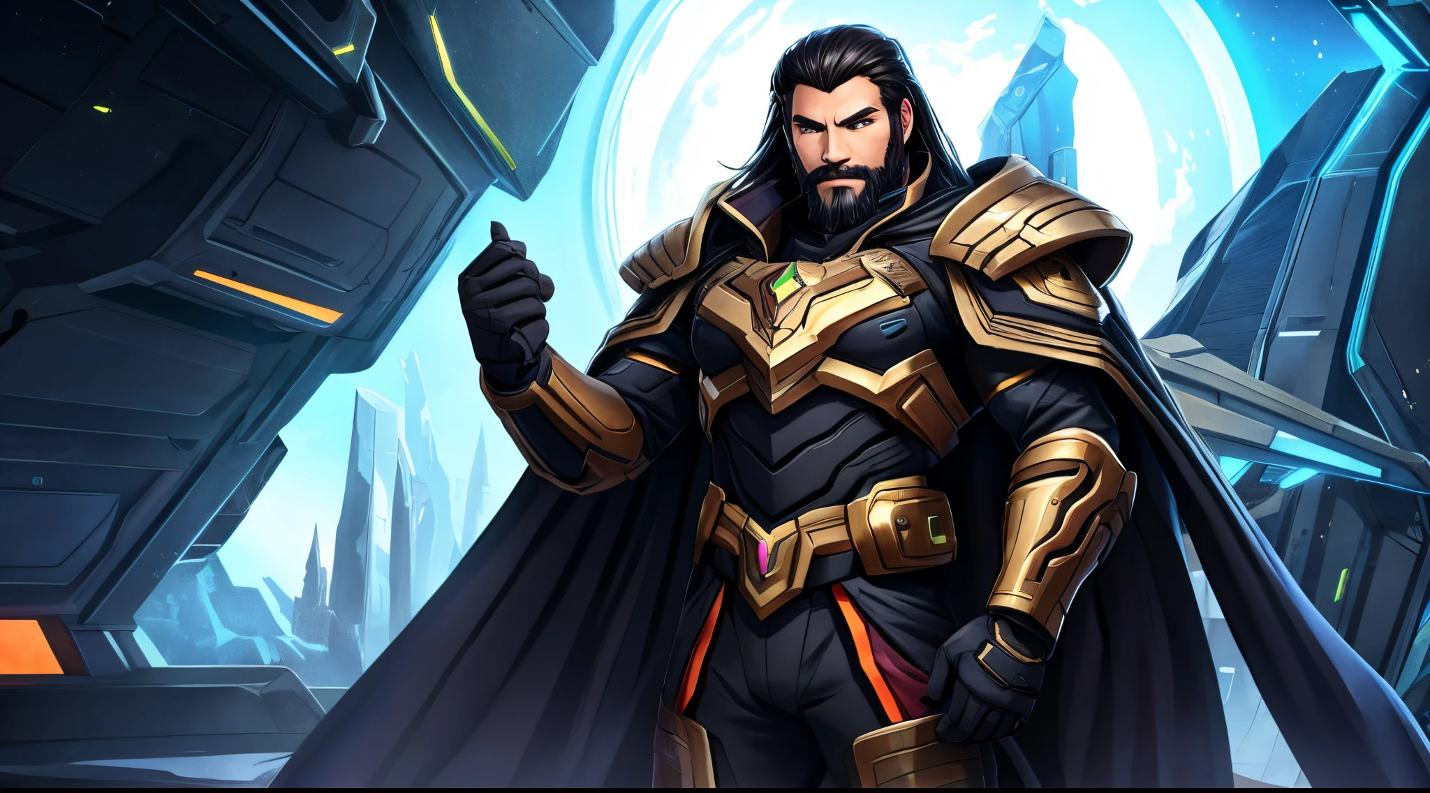 1 Man solo, he has a short black beard and he has long black flowing hair. he is Wearing futuristic clothes with a cape. (Helldivers)