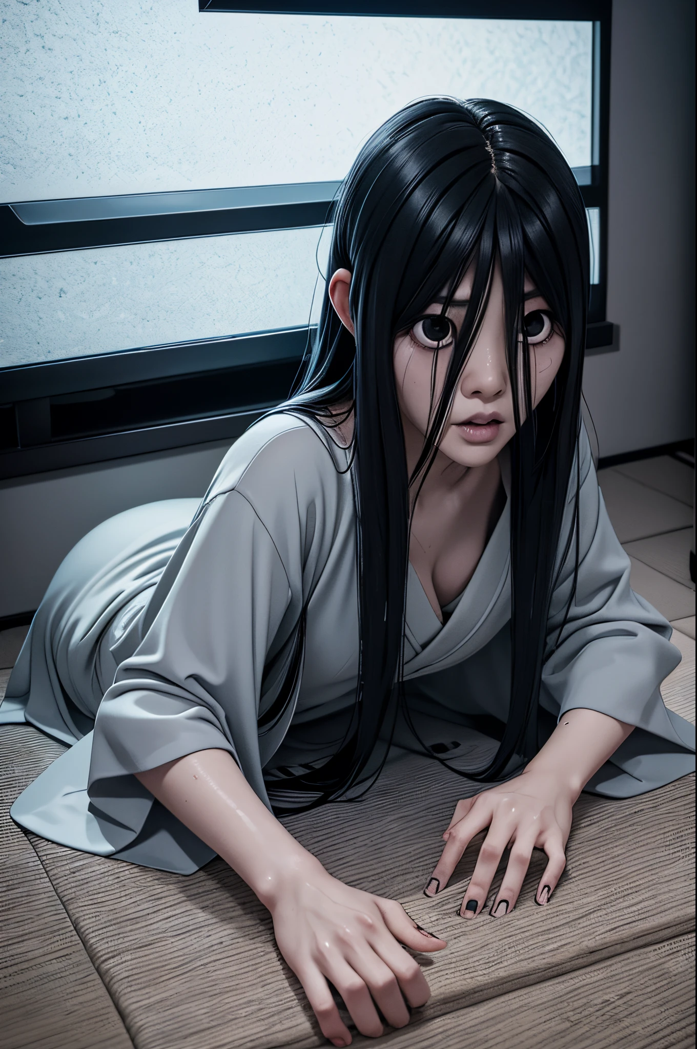 Sadako, soaking, wet robe, gray colored skin, Hair covers the face, sexy for.Sadako crawled out of the TV，A woman lying on the floor in front of the TV, japanese horror, style of hajime isayama, japanese horror movie footage, Junji Ito 4K, japanese pop surrealism