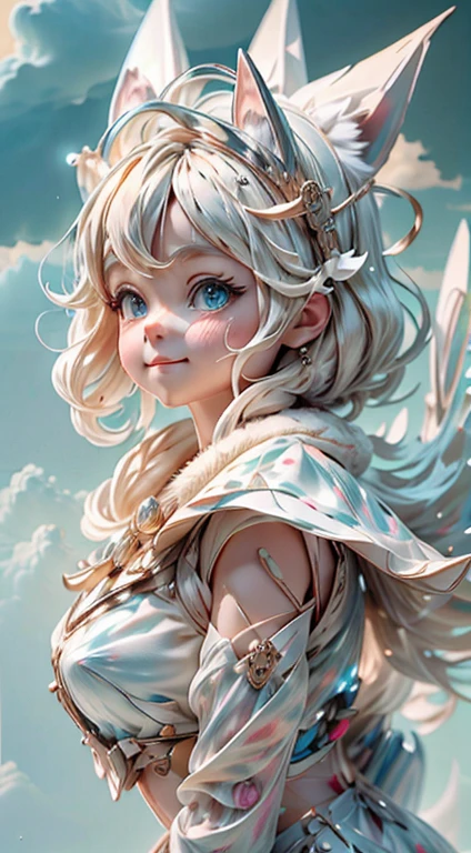 masterpiece、ultra res、 3D rendered character art 8k, Cute Digital Painting, anime style 3D, super detailed render, weapon in hand, Delicate face,ultra cute girl、gorgeous nub、Little Vixen、anthropomorphic、Wear bubble mart style、elegant cloak、A sweet smile、White fur、bright big eyes and fluffy tail,、Gently floating clouds、Highly detailed 3D illustration、A hyper-realistic、ultra-detailliert、Luxury Movie Lights、Octablite、Octoring、zbrush、Smile、
