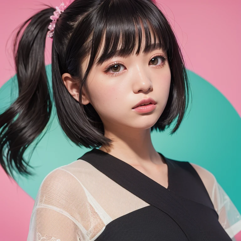 1girl in, 20yr old, gradient, gradient_Background, Green_Background, up looking_で_viewer, Black_hair, Solo by JM、Yoshiko Akishino