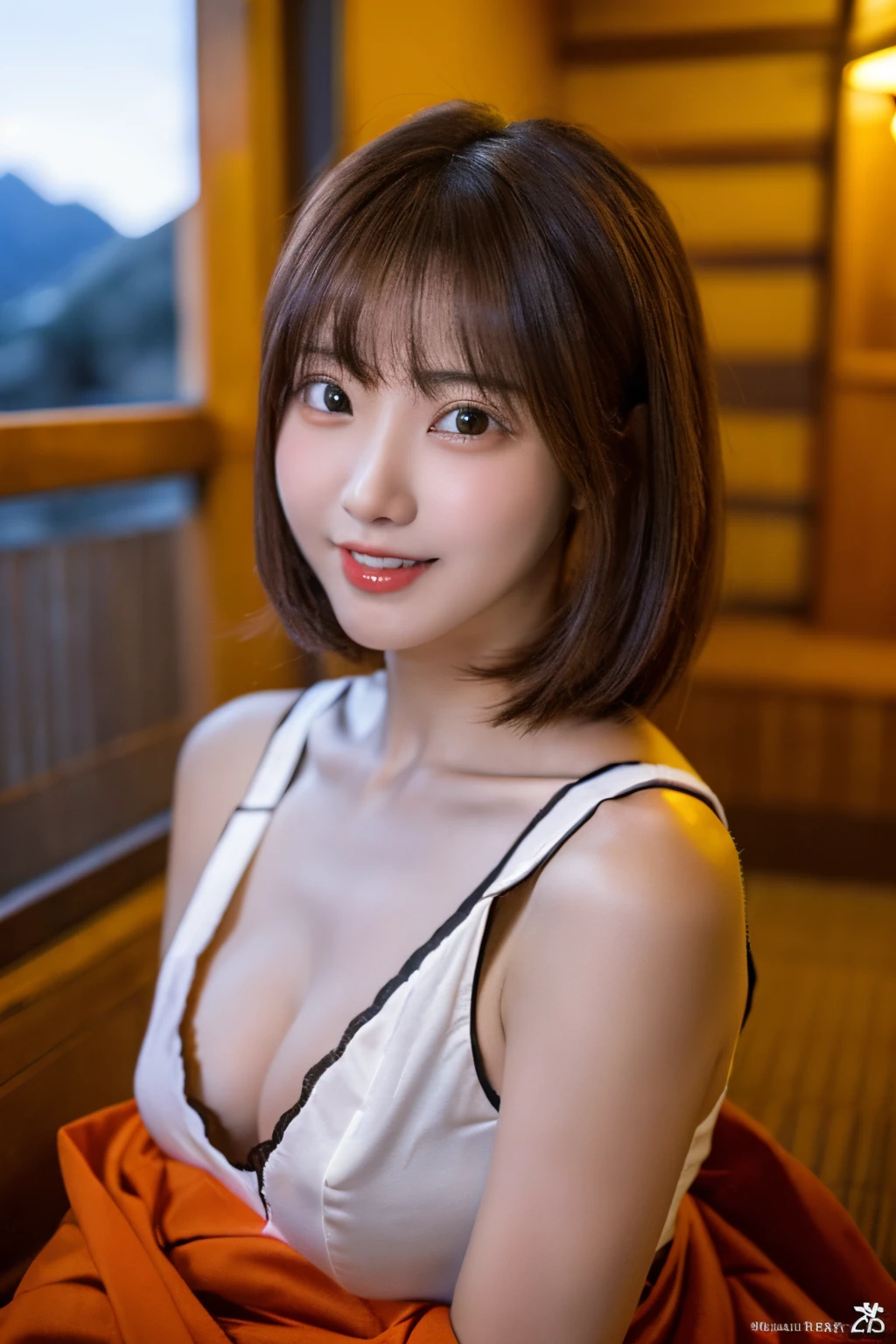 ulzzang -6500-v1.1, (Raw photo:1.2), (Photorealsitic), (See-through:1.3), (Real: 1.4), masutepiece, Best Quality, 1girl in, (a beauty girl, cosplayer:1.2), (:1.2), Very fine eye definition, (Symmetrical eyes:1.3), NSFW, (Onsen, , cover the body with steam:1.3), Beautiful breasts, Brown eyes, Parted bangs, Brown hair, Upper teeth