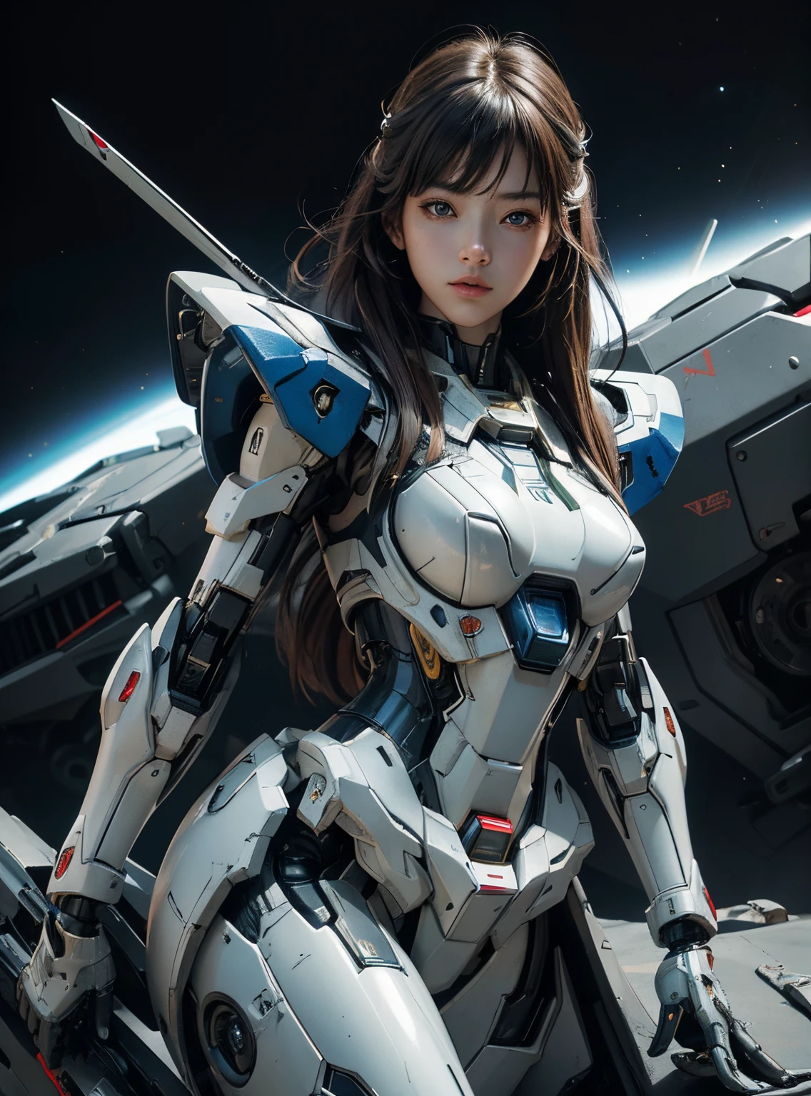 Textured skin, Super Detail, high details, High quality, Best Quality, hight resolution, 1080p, hard disk, Beautiful,(Gundam),beautiful cyborg woman,Mecha Cyborg Girl,Battle Mode,Girl with a Mecha Body,She wears a futuristic Gundam mecha,Fulll body Shot