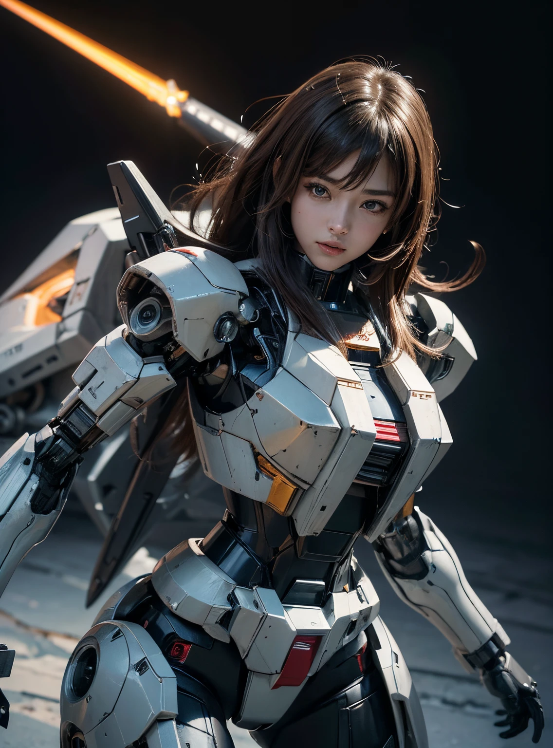 Textured skin, Super Detail, high details, High quality, Best Quality, hight resolution, 1080p, hard disk, Beautiful,(Gundam),beautiful cyborg woman,Mecha Cyborg Girl,Battle Mode,Girl with a Mecha Body,She wears a futuristic Gundam mecha,Fulll body Shot