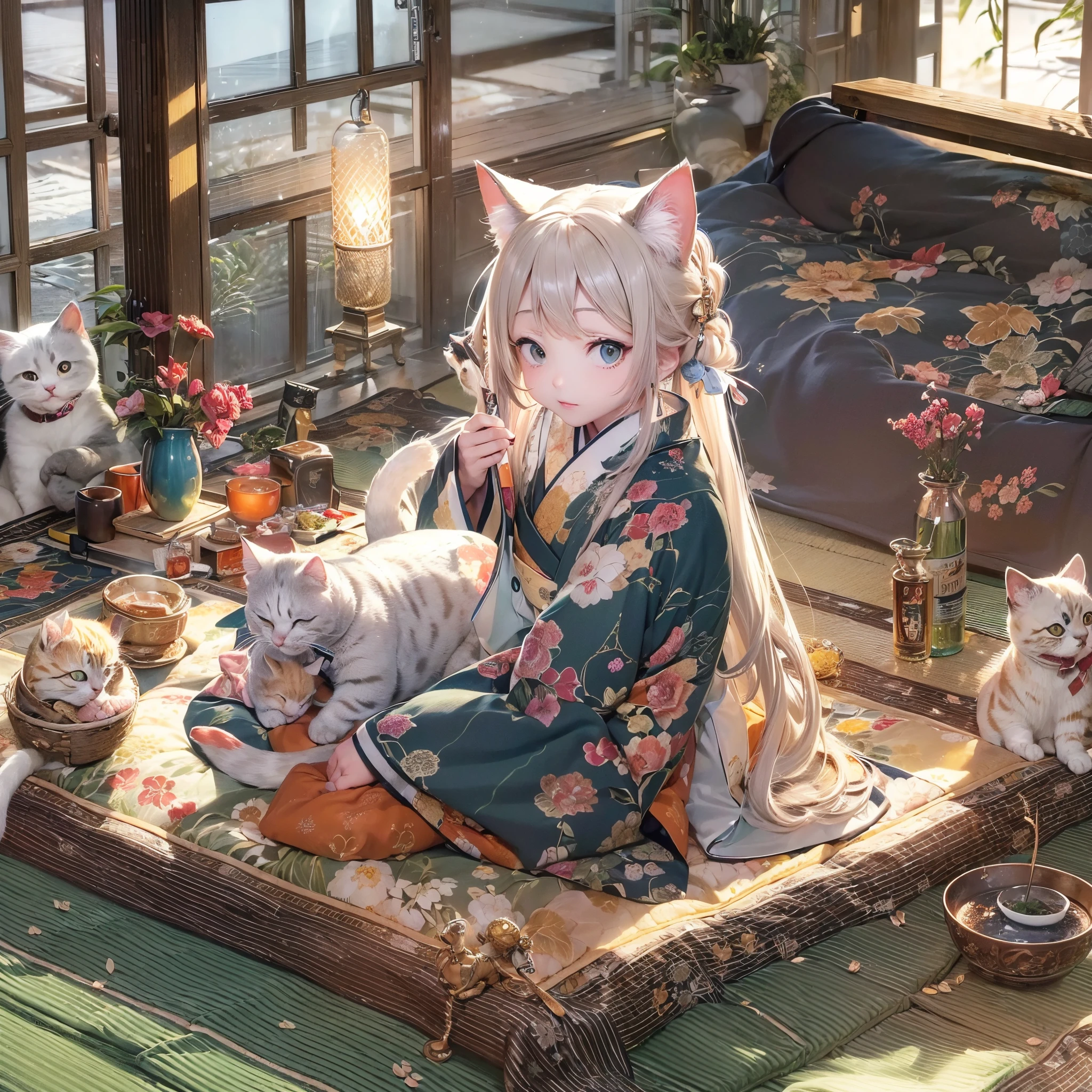 ((Finest quality)),(超A high resolution),(ultra-detailliert),(Meticulous portrayal),((Best Anime)),(Finest works of art),Ultra-Precision Art,The art of astounding depiction,Overwhelming depiction:1.5, A Japanese style:1.8, (1人の女性:1.5), Torch:1.5, (Cat curled up on the kotatsu:1.3), harmonious, Blessing:1.5