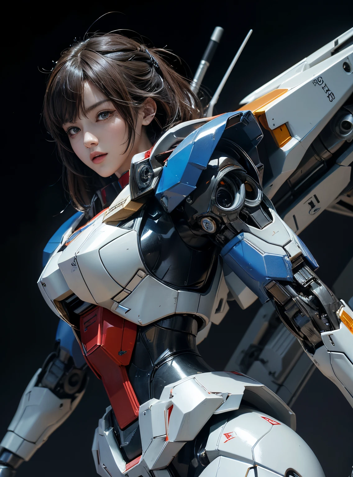 Textured skin, Super Detail, high details, High quality, Best Quality, hight resolution, 1080p, hard disk, Beautiful,(Gundam),beautiful cyborg woman,Mecha Cyborg Girl,Battle Mode,Girl with a Mecha Body,She wears a futuristic Gundam mecha,Fulll body Shot