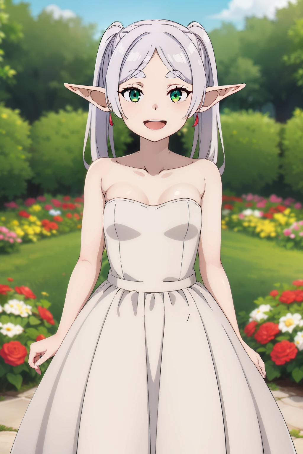 masterpiece, best quality, highres, aarurutie,1girl, wedding dress, white dress, standing, garden, smile, open mouth, solo,elf, white hair, grey hair,collarbone,ngs,pointy ears,long hair,ponytail,green eyes,twintails,parted bangs,thick eyebrows,nsfw,small breasts