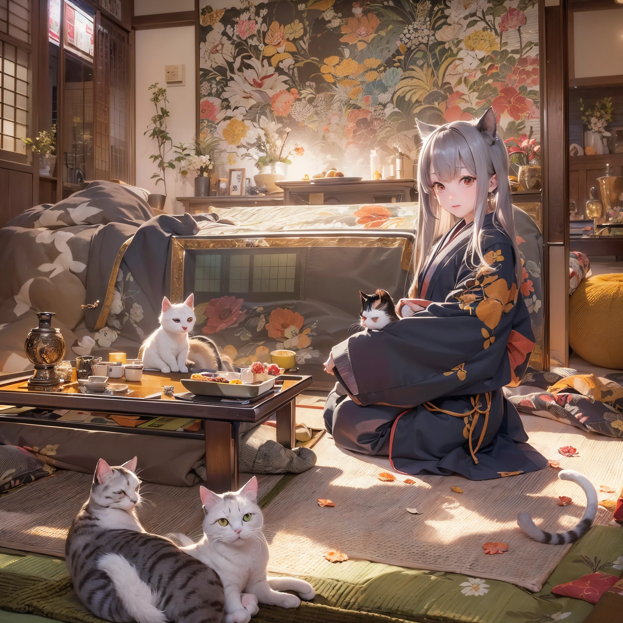 ((Finest quality)),(超A high resolution),(ultra-detailliert),(Meticulous portrayal),((Best Anime)),(Finest works of art),Ultra-Precision Art,The art of astounding depiction,Overwhelming depiction:1.5, A Japanese style:1.8, (1人の女性:1.5), Torch:1.5, (Cat curled up on the kotatsu:1.3), harmonious, Blessing:1.5