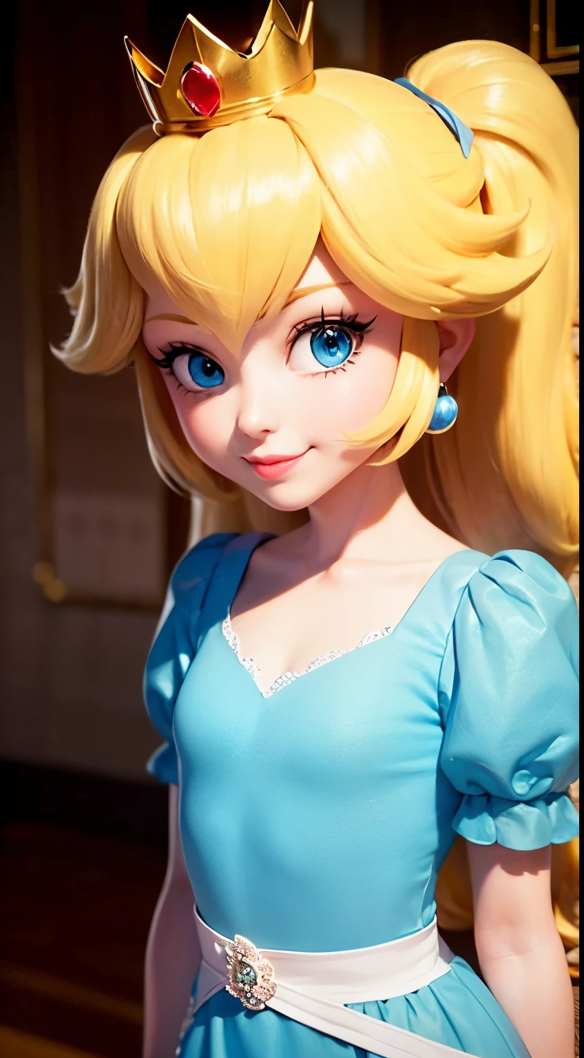 Japanese cutest bad girl,(Inside a castle setting,) A ite Princess Peach wearing a beautiful hot pink dress, she is gentleand compassionate and is shown smiling gently, she wears a golden crown atop her blond hair and white gloves. She is a tall, extremely beautiful young princess with a fair skin complexion, light blue eyes, dark yellow eyebrows, and a small nose. She has six long eyelashes on each eye as well as dark eyeliner. Her lips are round with pink lipstick. With a focus on her alluring chest, she is depicted in a close-up shot from below. She is smiling in a full body shot