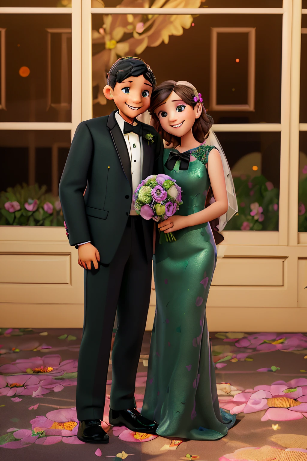 Bridesmaid and bestman. Girl holding flower bouquet. Boy wearing black suit. Happy couple smiling with teeth. Dark green carpet with pink and gold flower petal print. Large french window behind. Outdoor is night time. Bokeh effect light reflection on glass. No black bow on girl's neck. Thigh height slit on dress.