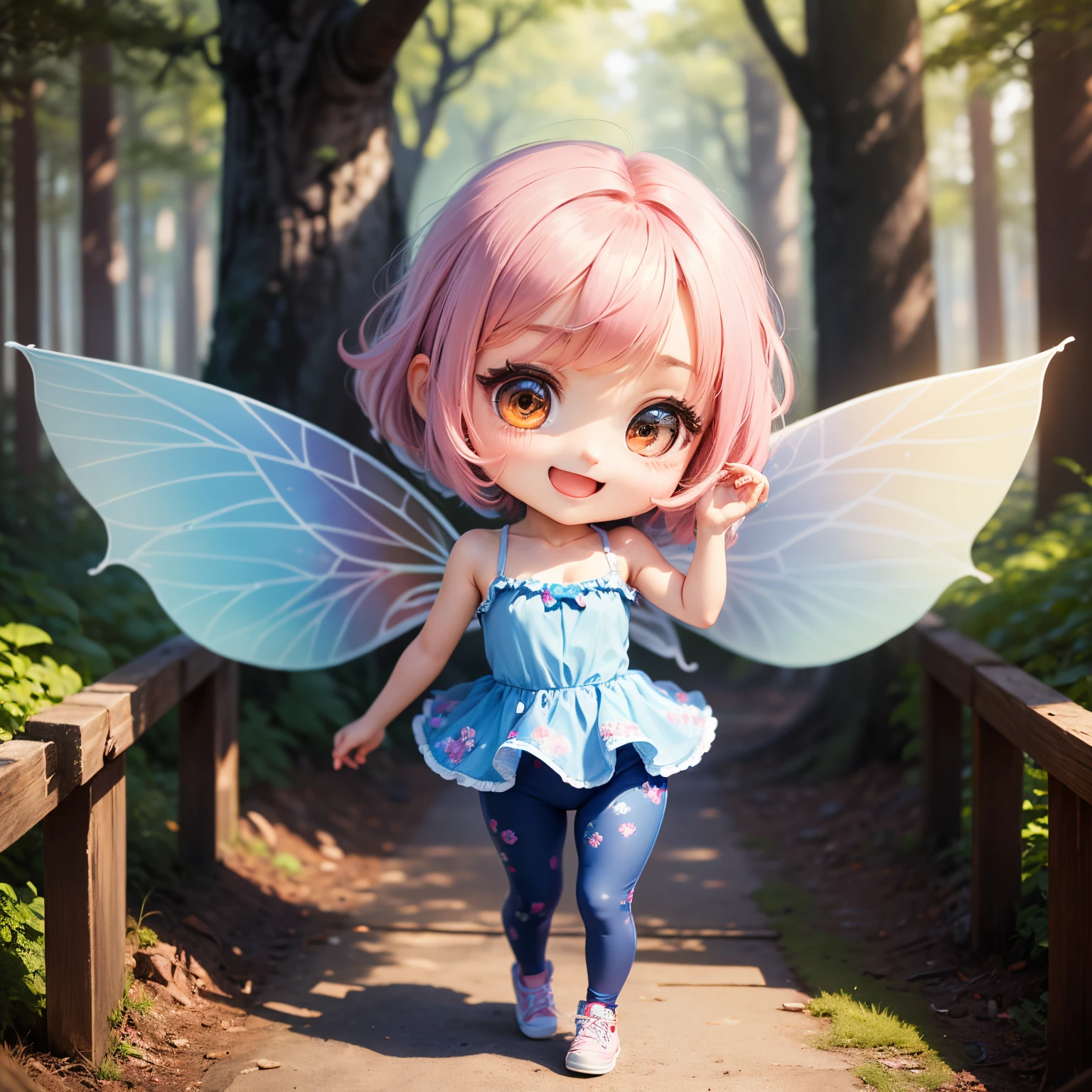 masterpiece、top-quality、ultra-detailliert、(Chibi Chara's Daughter:1.27)、A rainbow-colored camisole with plenty of ruffles and peplum.、blue floral leggings pants、fairy tale forest lake、Open your mouth and smile、Standing、Dancing