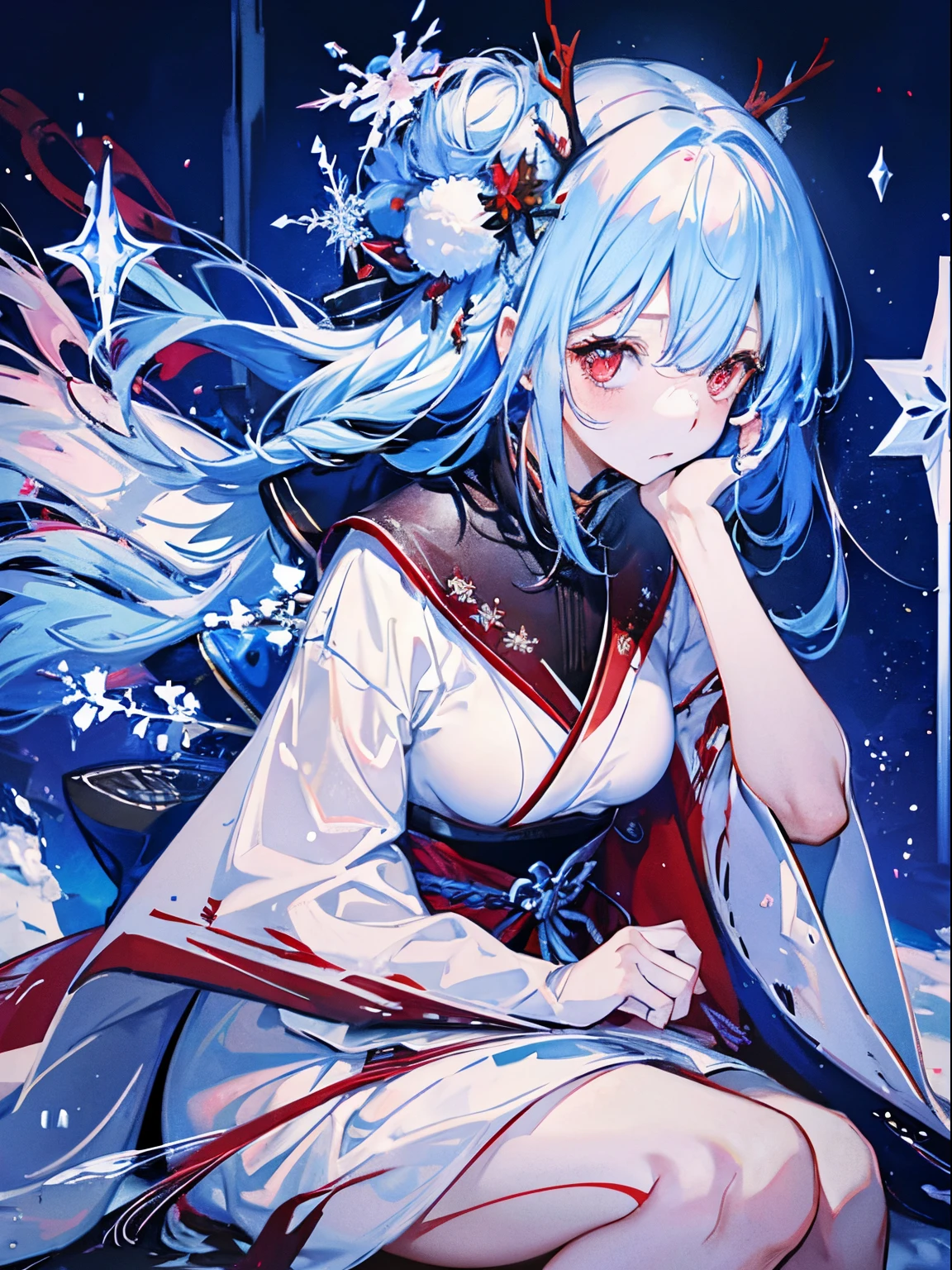 snow woman、Japan female in her 20s、komono、lightblue hair、short-cut、Long sideburns、bouncy back hair、red eyes、Red band、Abundant udder、Sitting down with a sad expression、Snowstorm and snowflakes on the background