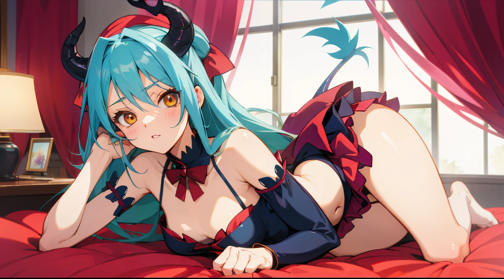 garota de anime deitada em uma cama com uma bandana do diabo, Succubus bonito, anime demon, mika kurai demon, menina sedutora, Succubus em vestido curto apertado, menina monstme, Melhor Avaliado em Pixiv, succubus, night core, Demon girl, small curvy loli, Mikudayo, anmoe artstyle, pixiv 3dcg |, Loli