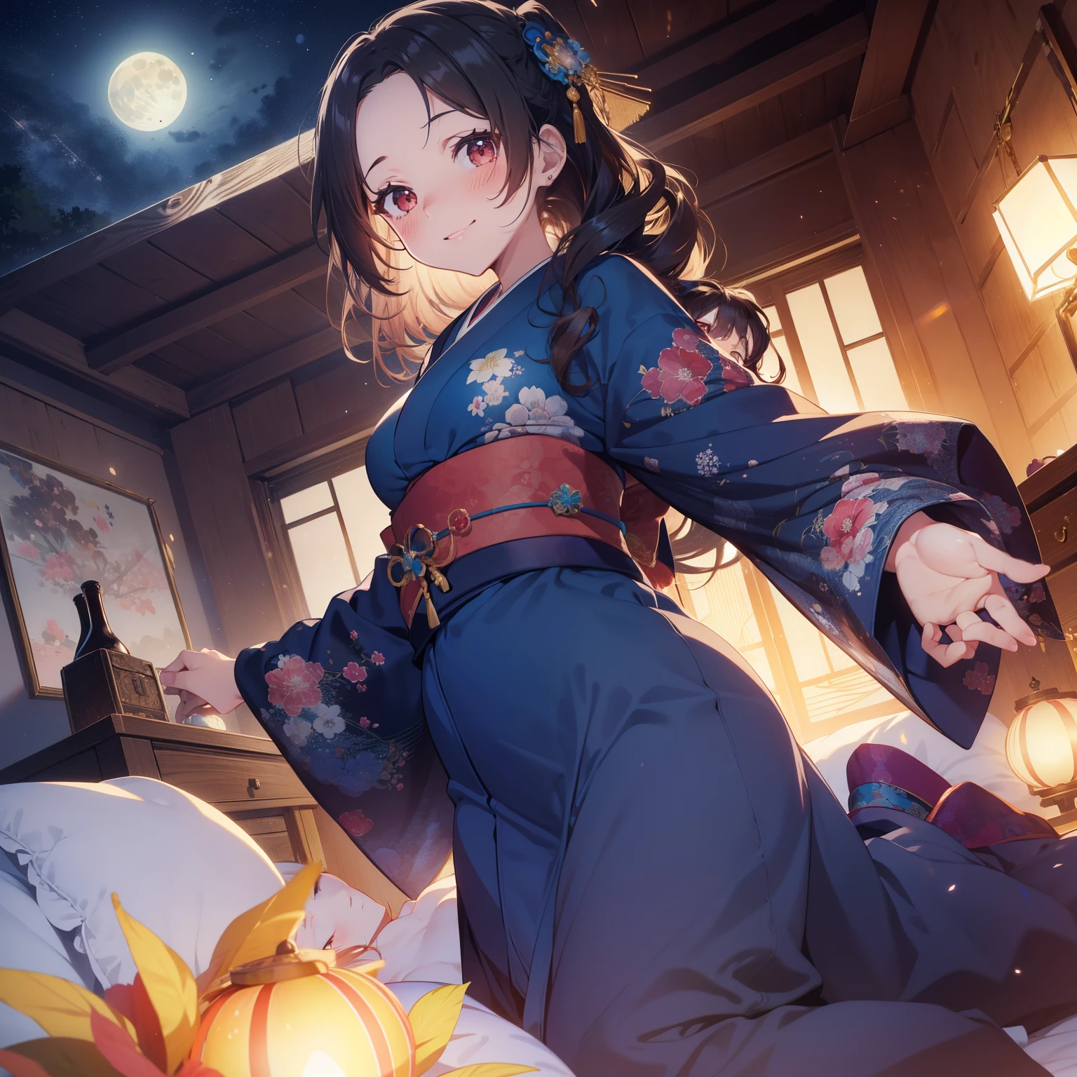 (masutepiece,Best Quality,8K),(extremely detailed CG1.1),s girl,Smile,large boob,(From below:1.2),Intricate details , Hyper realistic, Perfect Anatomy,A dark-haired,Red Eyes,(((Forehead))),Permed hair with wavy hair,(((length hair))),Hair over one eye,hair slicked back,Full body,(((Blue kimono))),blush,Happy smile,(((Bedroom with night view))),Colored leaves,Lens Flare,Wind,Magnificent view,(chromatic abberation:1.3),Dynamic Angle,Cowboy Shot,Looking at Viewer,Lie down,moon night erotic,teats,nose blush,NSFW,Clothes lift,Spread your crotch