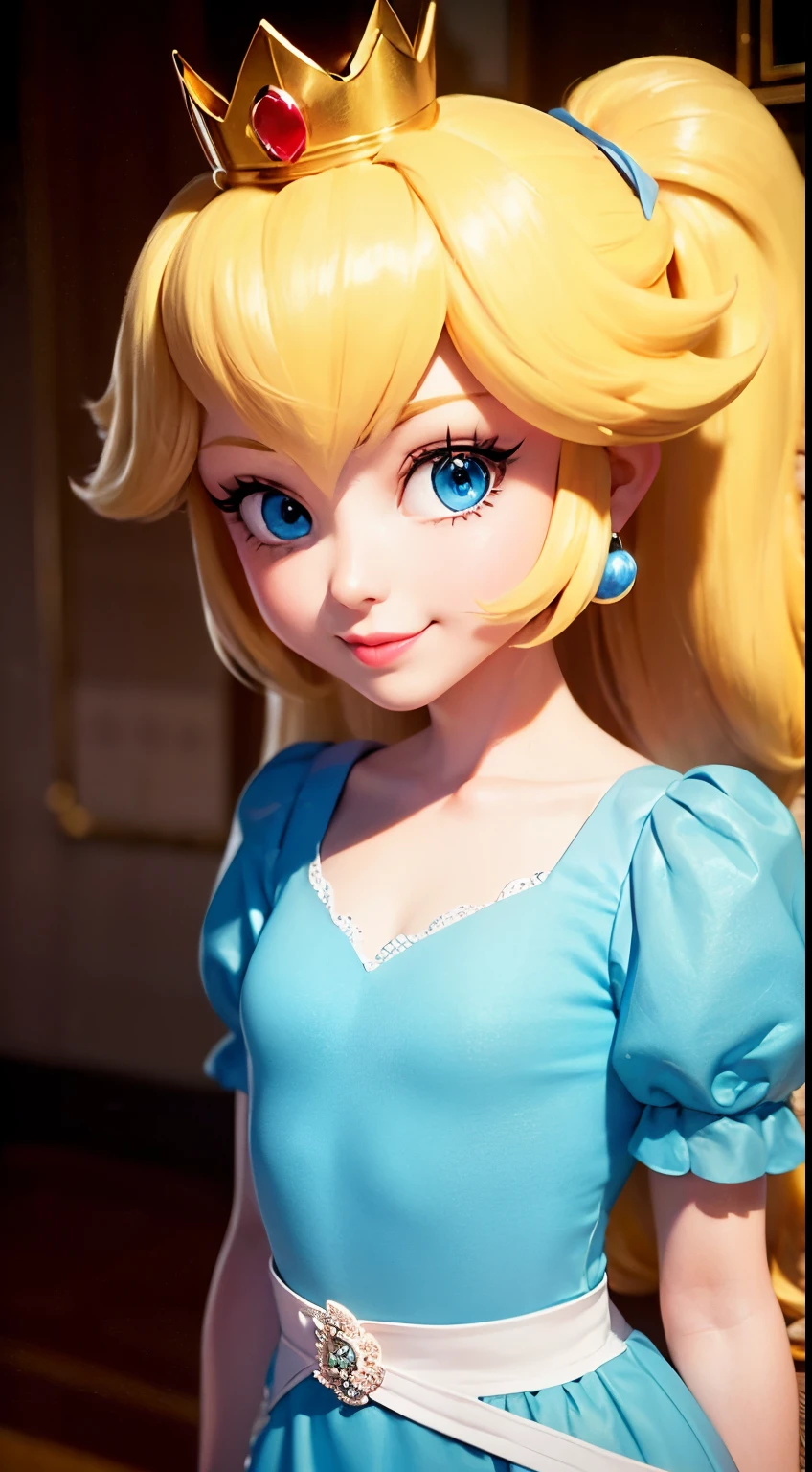 Japanese cutest bad girl,(Inside a castle setting,) A petite Princess Peach wearing a beautiful hot pink dress, she is gentleand compassionate and is shown smiling gently, she wears a golden crown atop her blond hair and white gloves. She is a tall, extremely beautiful young princess with a fair skin complexion, light blue eyes, dark yellow eyebrows, and a small nose. She has six long eyelashes on each eye as well as dark eyeliner. Her lips are round with pink lipstick. With a focus on her alluring chest, she is depicted in a close-up shot from below. She is smiling in a full body shot