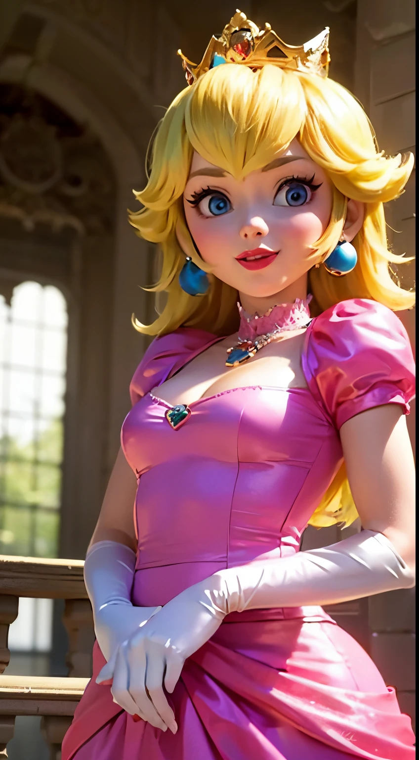 Japanese cutest bad girl,(Inside a castle setting,) A ***ite Princess Peach wearing a beautiful hot pink dress, she is gentleand compassionate and is shown smiling gently, she wears a golden crown atop her blond hair and white gloves. She is a tall, extremely beautiful young princess with a fair skin complexion, light blue eyes, dark yellow eyebrows, and a small nose. She has six long eyelashes on each eye as well as dark eyeliner. Her lips are round with pink lipstick. With a focus on her alluring chest, she is depicted in a close-up shot from below. She is smiling in a full body shot