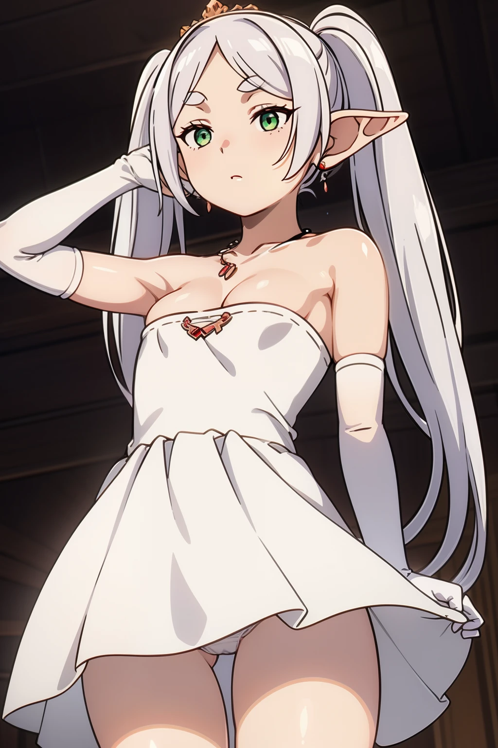 1girl, aaichika, tiara, bridal veil, necklace, cleavage, wedding dress, strapless dress, white dress, white gloves, elbow gloves, from below, skirt lift, white panties and sexy stockings, bare legs,, masterpiece, best quality, highly detailed, beatrix amerhauser, solo,elf, white hair, grey hair,collarbone,ngs,pointy ears,long hair,ponytail,green eyes,twintails,parted bangs,thick eyebrows,small breasts