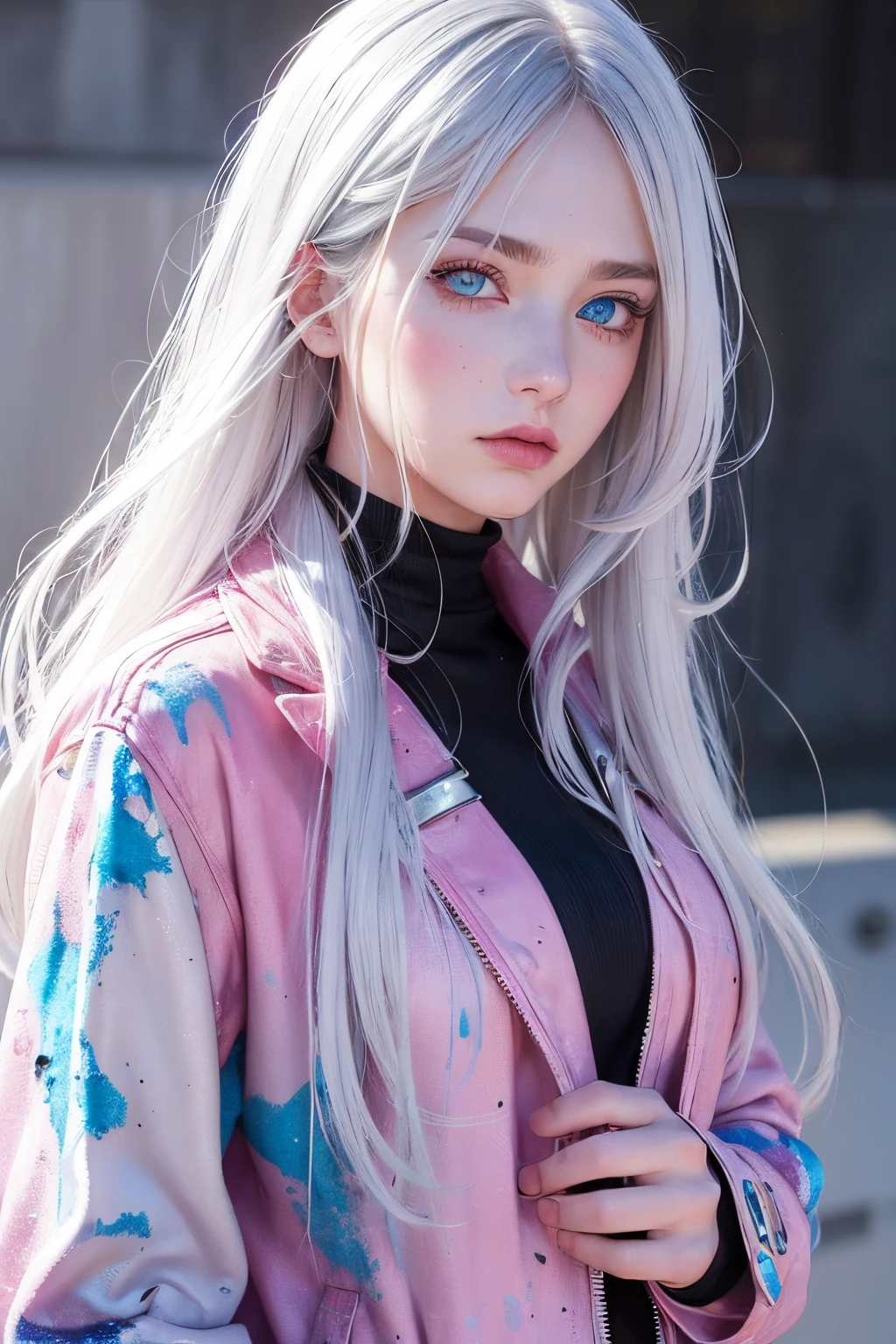 1girl, silver hair, long hair, blue eyes, pink eyes, (heterochromia:1.3), bright pupils, detailed eyes, expressive eyes, jacket, hands in pockets, art, creativity, paint, splatter, inspiration, disorder, organized chaos, colors, best quality ultra detailed, realistic