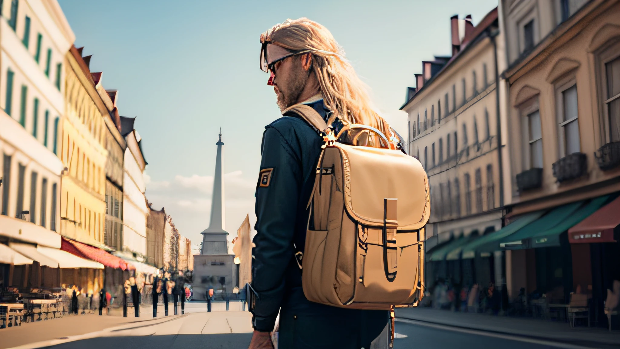 A man, a 40-year-old European backpacker with long, blonde hair, is portrayed in a wide medium wide shot. The camera captures him from behind, with his head turned towards the camera. Standing in front of a landmark in Tbilisi, Georgia. Being a backpacker, the man is dressed in casual and practical clothing suitable for her adventurous journey.