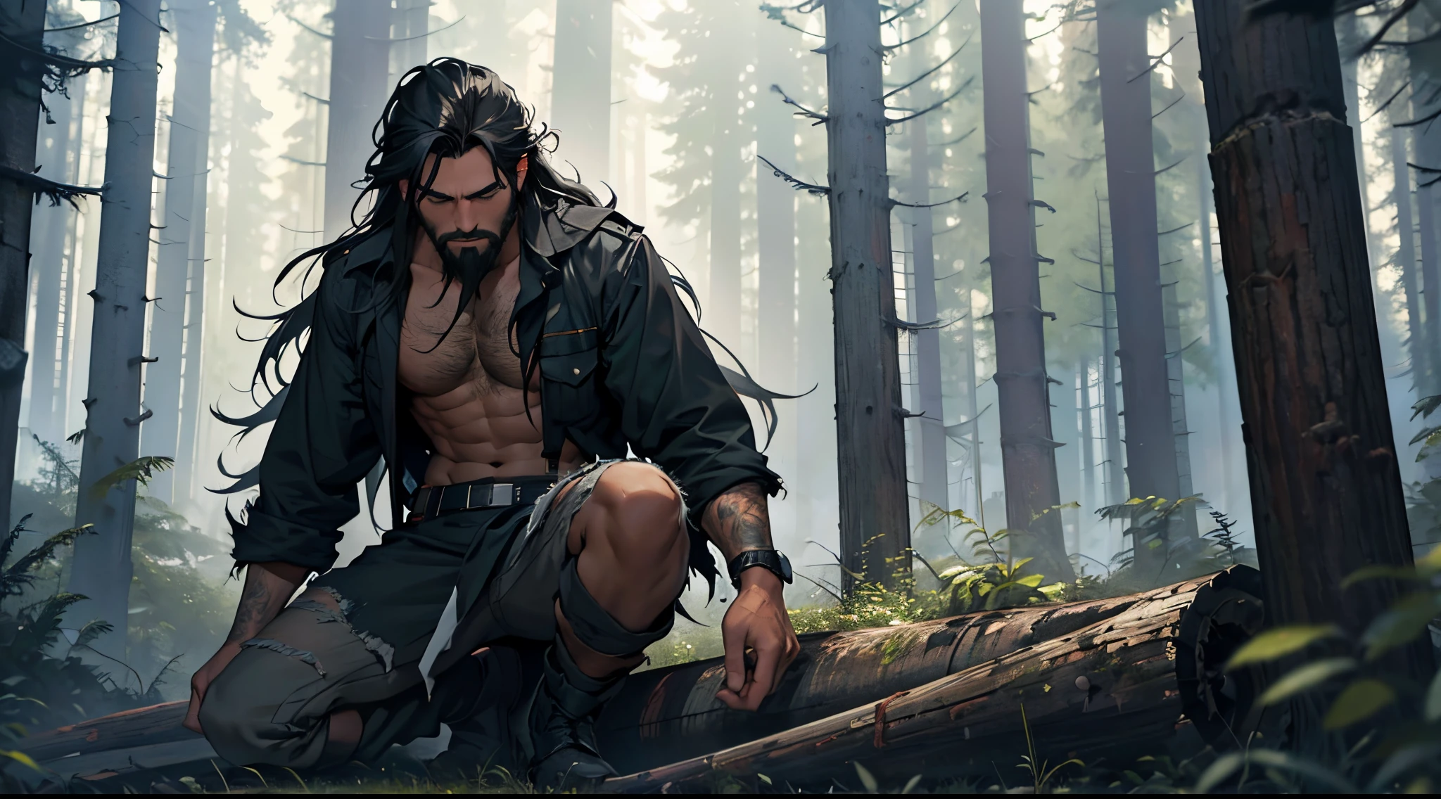 1 Man solo, he has a short black beard and he has long black flowing hair. he is Wearing ragged torn clothes in a forest. crashed plane in the background