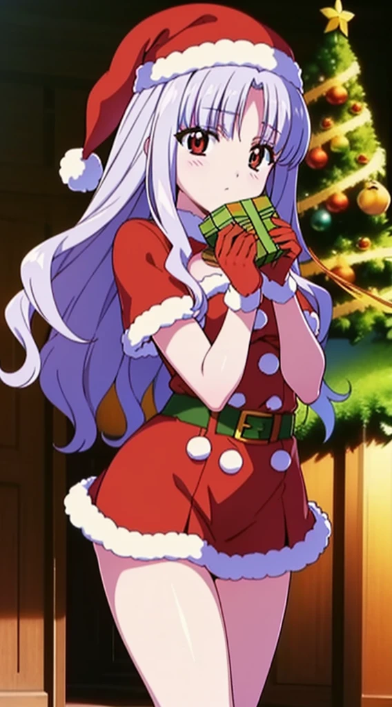masterpiece, best quality, 1 solo girl, white hair, red eyes, long hair, wavy hair, Christmas ornaments, medium breasts, mature body and face, red santa dress, christmas, christmas light, christmas tree, red gloves, red santa skirt, holding gift, red bra, red panty, leg up, cowboy shots, sexy pose, dakimakura, detailed body, face, and eyes, sharp focus, vibrant, creative, dynamic, high definition, high resolution, 8k, (Upscale: R-ESRGAN 4x+ Anime6B), (Image enchance:4x), voluptuous body