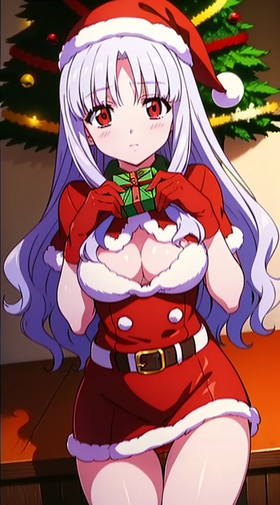 masterpiece, best quality, 1 solo girl, white hair, red eyes, long hair, wavy hair, Christmas ornaments, medium breasts, mature body and face, red santa dress, christmas, christmas light, christmas tree, red gloves, red santa skirt, holding gift, red bra, red panty, leg up, cowboy shots, sexy pose, dakimakura, detailed body, face, and eyes, sharp focus, vibrant, creative, dynamic, high definition, high resolution, 8k, (Upscale: R-ESRGAN 4x+ Anime6B), (Image enchance:4x), voluptuous body