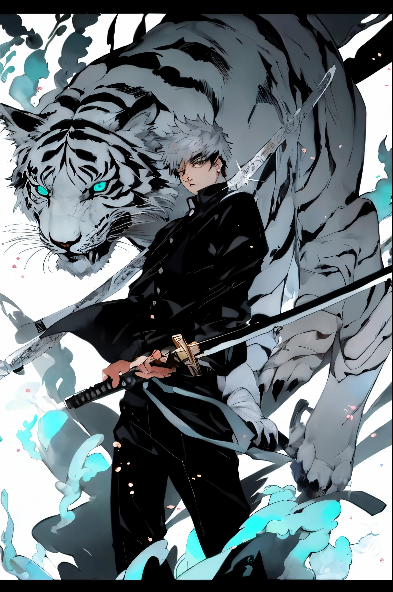 tigre de anime com espada e homem de roupa preta com olhos azuis, arte chave do anime, Arte Oficial, arte oficial do anime, cara bonito na arte demon slayer, bleach manga style, badass anime 8 k, anime raposa branca, Melhor Design de Personagens de Anime, Jujutsu Kaisen, inspirado em Okumura Masanobu, arte chave detalhada do anime, Anime Wallaper