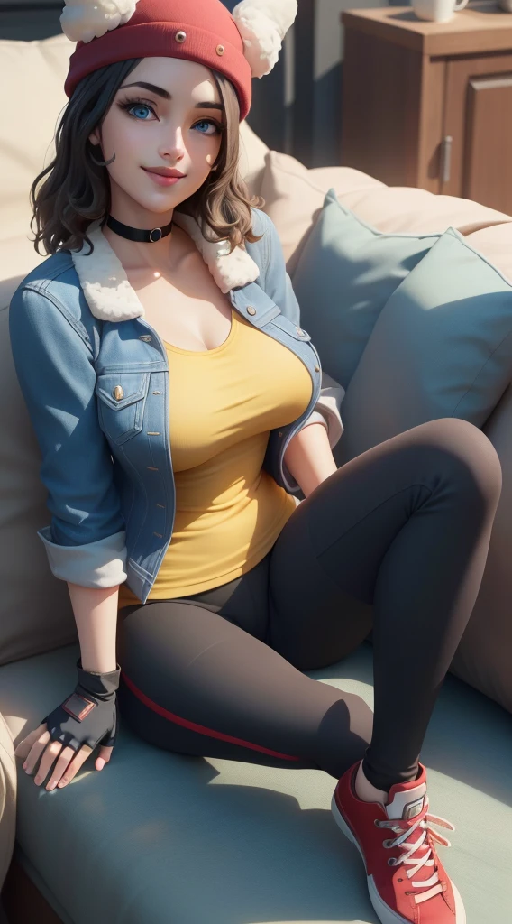 (8k, best quality, masterpiece:1.2), (realistic, photo-realistic:1.37), ultra-detailed, 1 girl,cute, solo, ,beautiful detailed blue eyes, medium wavy hair, sitting on a couch, , smiling, looking at viewer, ,light brown hair, black lips, black lipstick, full body view, , whole body shot, red hat, , , nsfw, choker, yellow shirt, denim jacket, dark long leggings, black fingerless gloves, red sneakers, big breasts