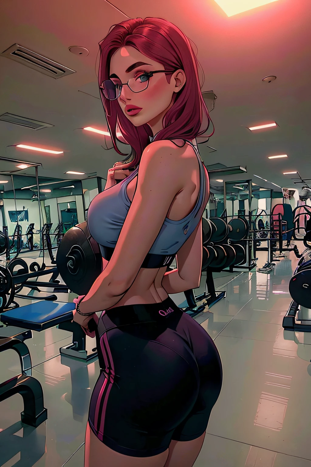 40k, Cinematographer, obra maestra, mejor calidad, fondo gris oscuro, con gafas, from the rear, SFW, (1girl ojos azules y cabello corto rubio), hasta esperar usando, (usando gym_outfit: 1.3), (atuendo rosa: 1.3),