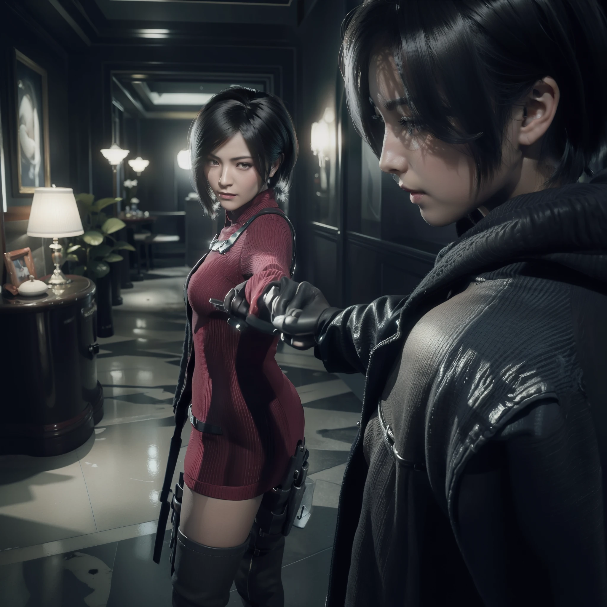 Woman, Ada wong,glare expression, wearing mini reddress with hoody, black nails polish