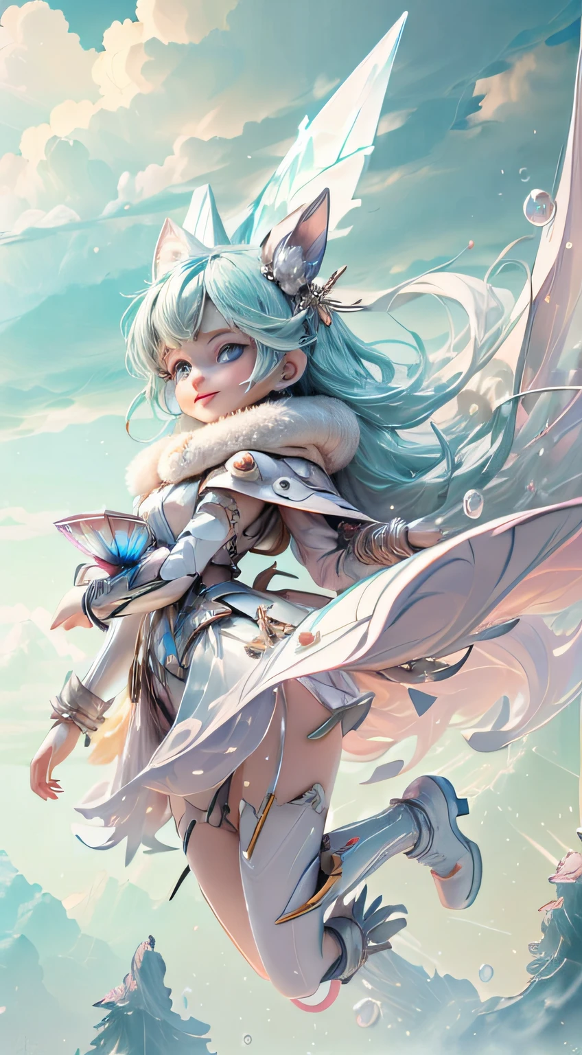 ​masterpiece、ultra res、 3D rendered character art 8k, Cute Digital Painting, anime style 3D, super detailed render, weapon in hand, Delicate face,ultra cute girl、gorgeous nub、Little Vixen、anthropomorphic、Wear bubble mart style、elegant cloak、A sweet smile、White fur、bright big eyes and fluffy tail,、Gently floating clouds、Highly detailed 3D illustration、A hyper-realistic、ultra-detailliert、Luxury Movie Lights、Octablite、Octoring、zbrush、Smile、