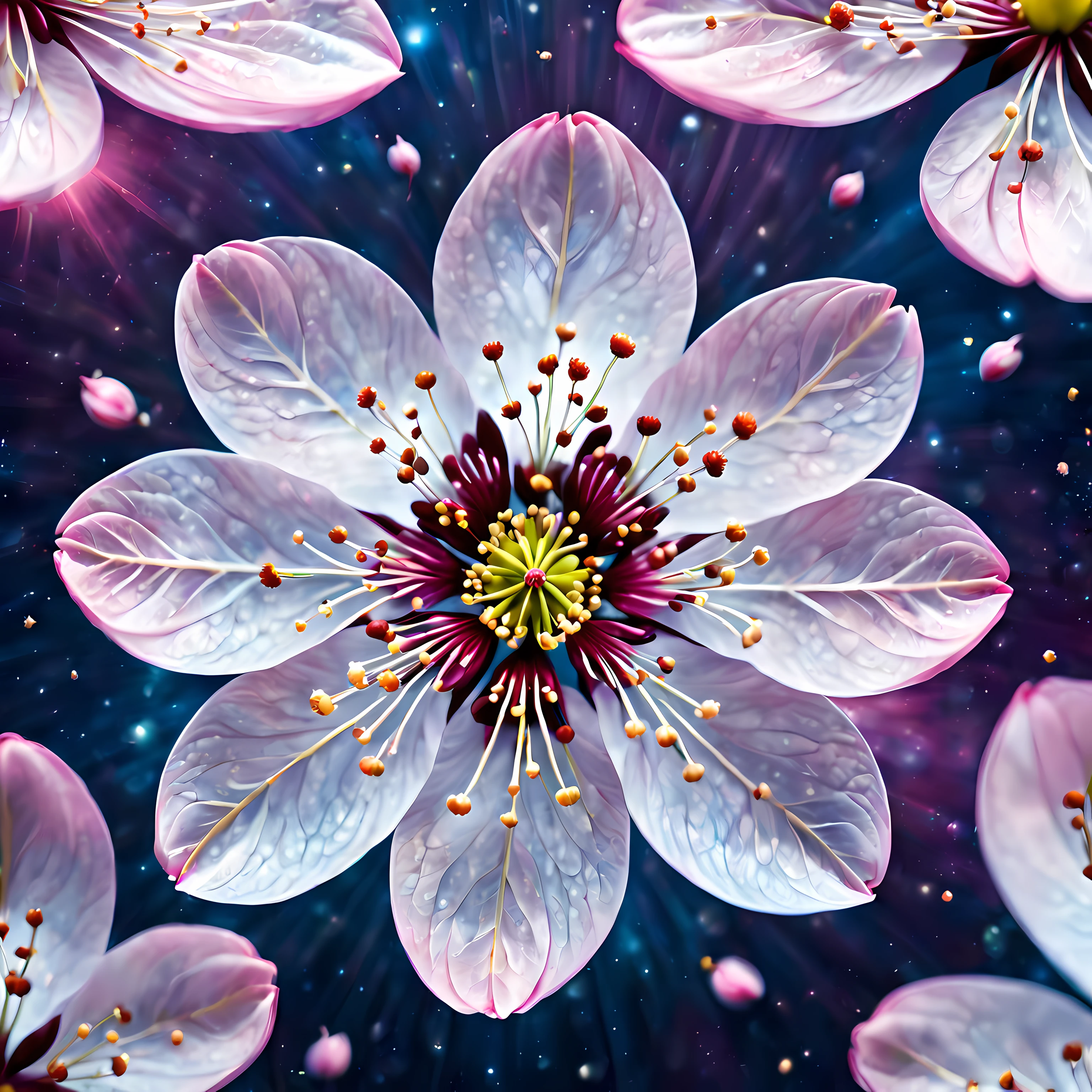 Cute Cartoon, CuteCartoonAF, (cute cartoon style:1.3), (symmetrical:1.3), (shot from above:1.3), (close up:1.3), captivating exquisite elegance of a single cherry blossom flower, delicate curves and intricate details of each petal capturing the fragile beauty of the flower, softness and ethereal quality, (((breathtaking cosmic background)))