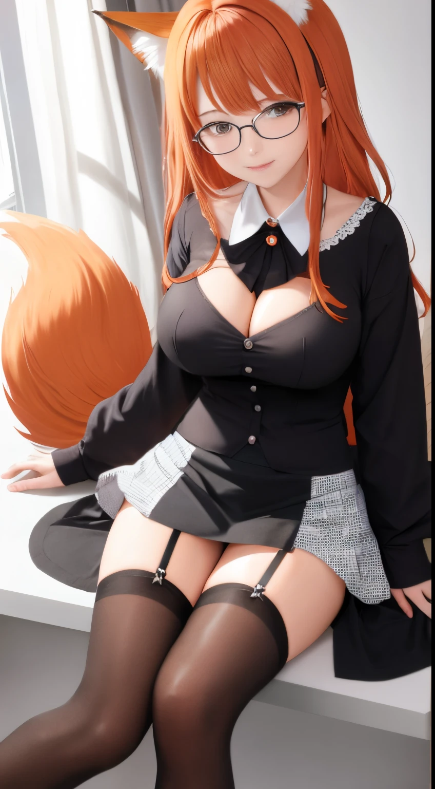 anime girl, 1 person, orange hair, glasses, Crown,maid,fox ear, Fox's tail, front view, big breasts, tights, sitting on desk,exposed chest, underwear, maid suit, shy, blushing, lifting skirt , bright sky, sitting cross-legged, high heels,exposed chest, underwear, middle-aged women, blushing, lifting skirt, showing off underwear, (full HD 4K+ image