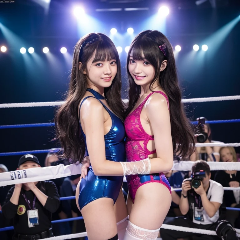 Cute girl with perfect body: 1.4, wrestling tag team,same outfit,14 and 20 years old,(Lori,lacy fabric,onepiece swimsuit, Very small breasts), Stand in the ring of professional wrestling,extremely detailed face and skin, Detailed eyes, Double eyelids, Grinning smile,stand a little apart,knee high socks,Lori,Lace gloves,straight haired,shairband,Nogizaka46,Idol