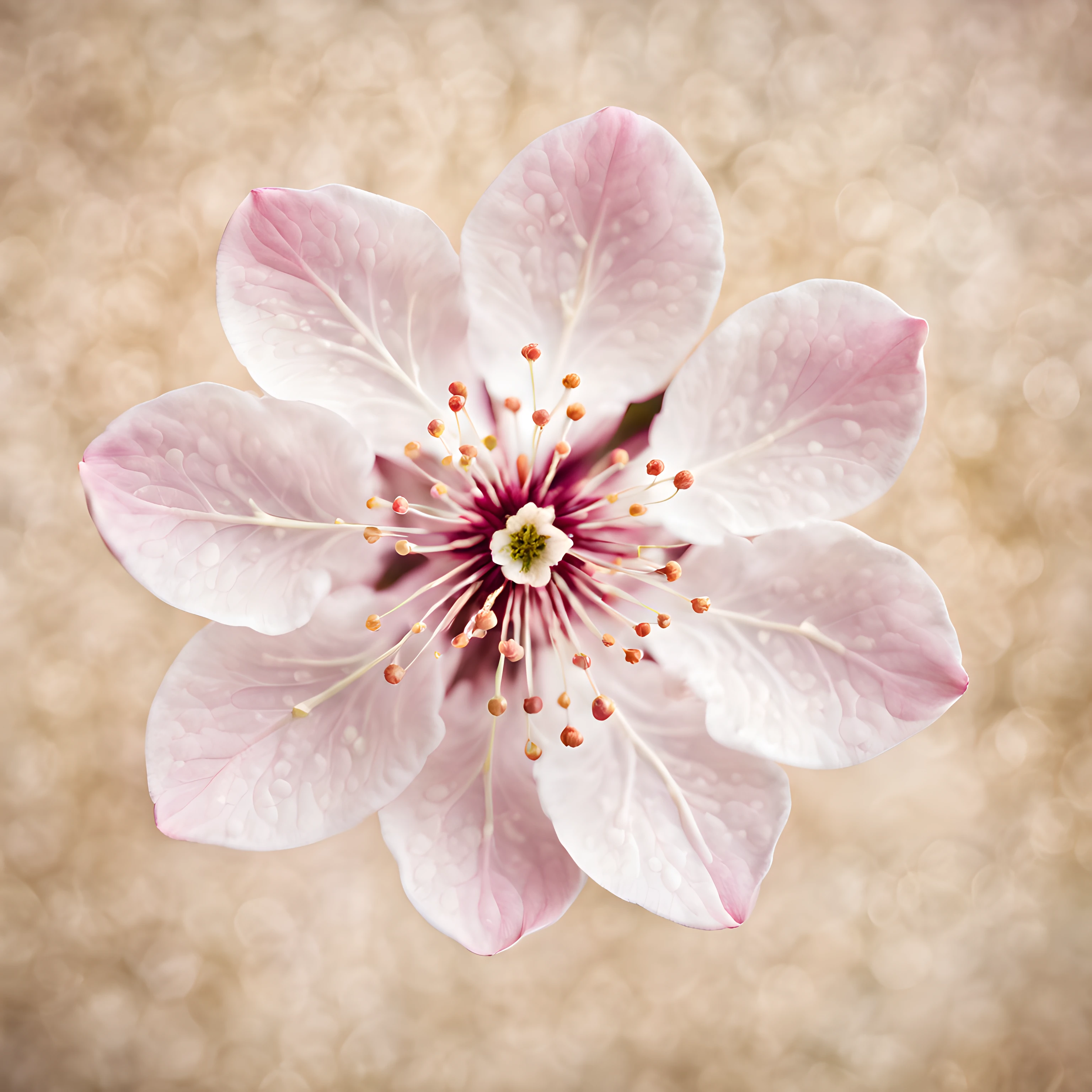 (symmetrical:1.3), (shot from above:1.3), captivating exquisite elegance of a single cherry blossom flower, delicate curves and intricate details of each petal capturing the fragile beauty of the flower, softness and ethereal quality, (rustic background)