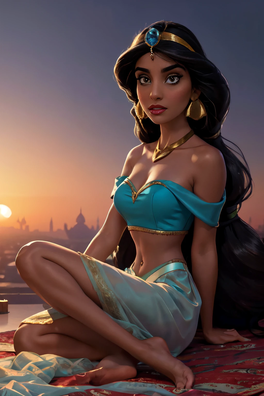 (Masterpiece, Best Quality, Highres:1.2), Detailed, Intricate Details, 4K, 1Girl, (Solo:1.2), jasmine seeing viewers  long hair, breasts, black hair, navel, cleavage, bare shoulders, brown eyes, jewelry, earrings, midriff, dark skin, necklace, off shoulder, blurry, dark-skinned female, crop top, blue shirt, circlet, off-shoulder shirt, arabian clothes, looking at viewer outdoors,, Princess Jasmine's Sitting cross-legged on the Magic Carpet, The Magic Carpet flying ascending into the twilight skies, the city of Baghdad stretches out below them like a sprawling tapestry.  background city of Bagdad, sunset, golden hour,