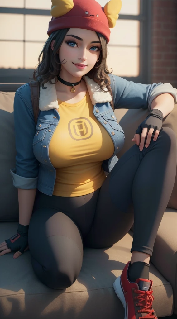 (8k, best quality, masterpiece:1.2), (realistic, photo-realistic:1.37), ultra-detailed, 1 girl,cute, solo, ,beautiful detailed blue eyes, medium wavy hair, sitting on a couch, , smiling, looking at viewer, ,light brown hair, black lips, black lipstick, full body view, , whole body shot, red hat, , , nsfw, choker, yellow shirt, denim jacket, dark long leggings, black fingerless gloves, red sneakers, big breasts